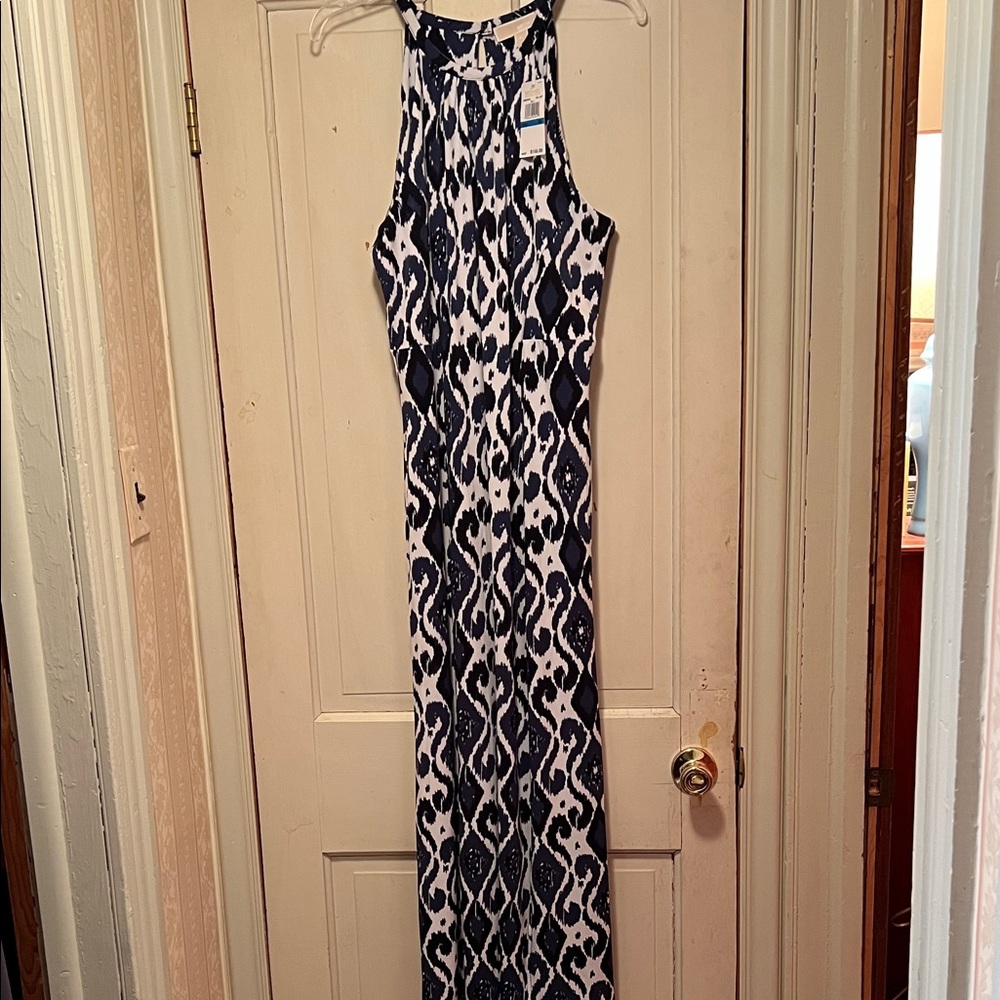Michael Kors Navy and White Halter Maxi Dress